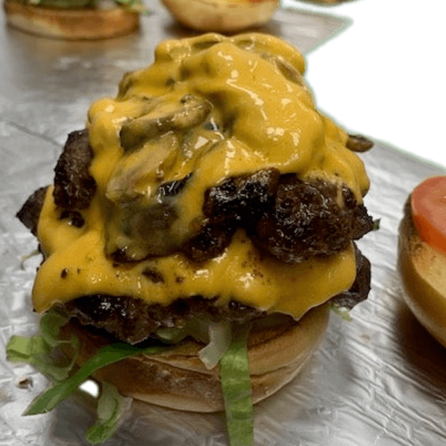 Double mushroom cheddar burger